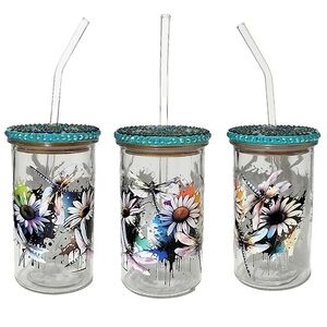 Dragonfly Floral Glass Tumbler Cup 16oz Teal Blue Design